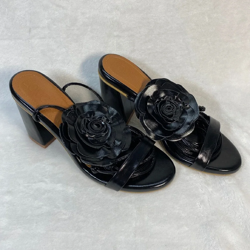 Lovella Flower Heels Block Heel Sandals‎ Strappy Party Shoes Black Size 9/39